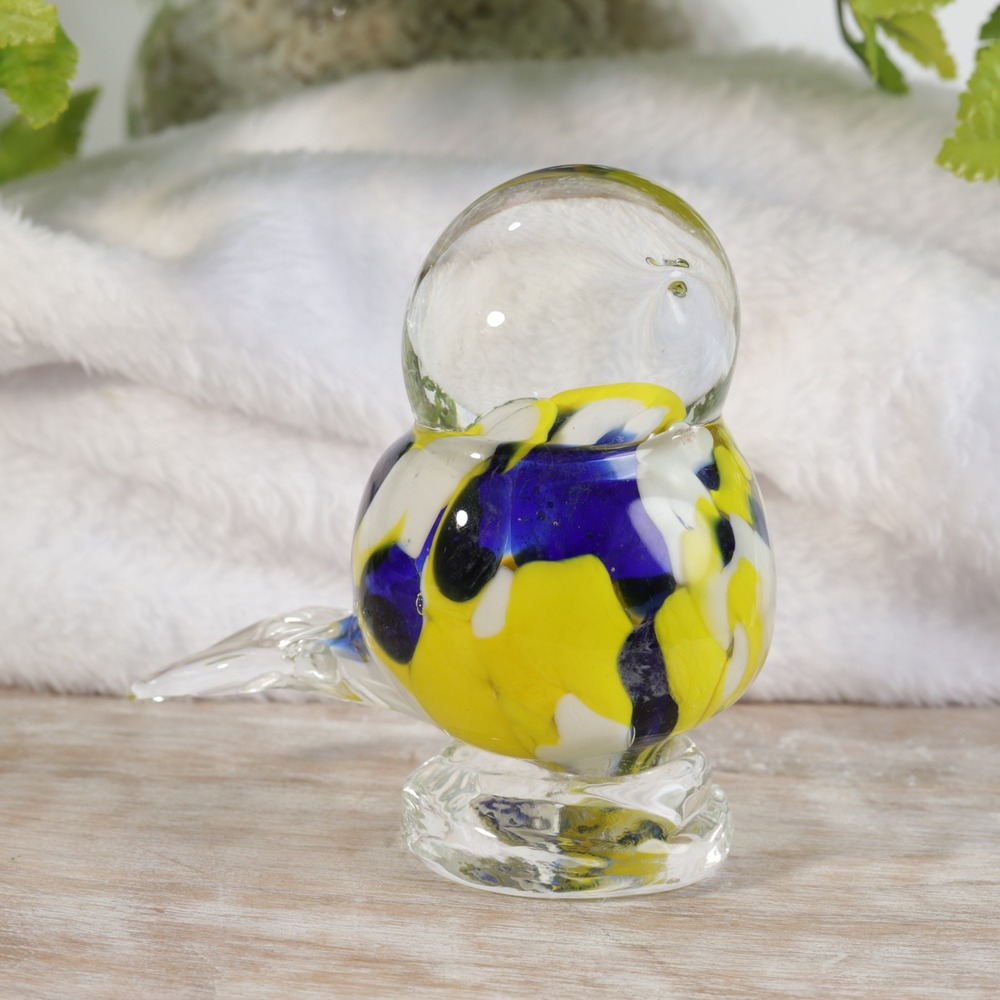 Art Glass Bird Figurine Yellow Blue White Confetti Murano Style Paperweight